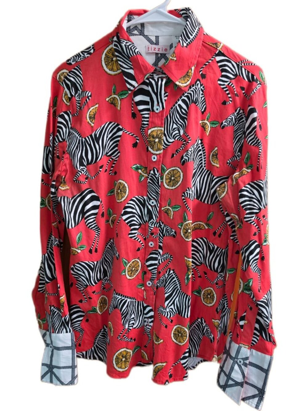Tizzie Red Zebra Citrus Button Up Shirt L Dopamine Dressing Novelty Statement - Picture 3 of 10